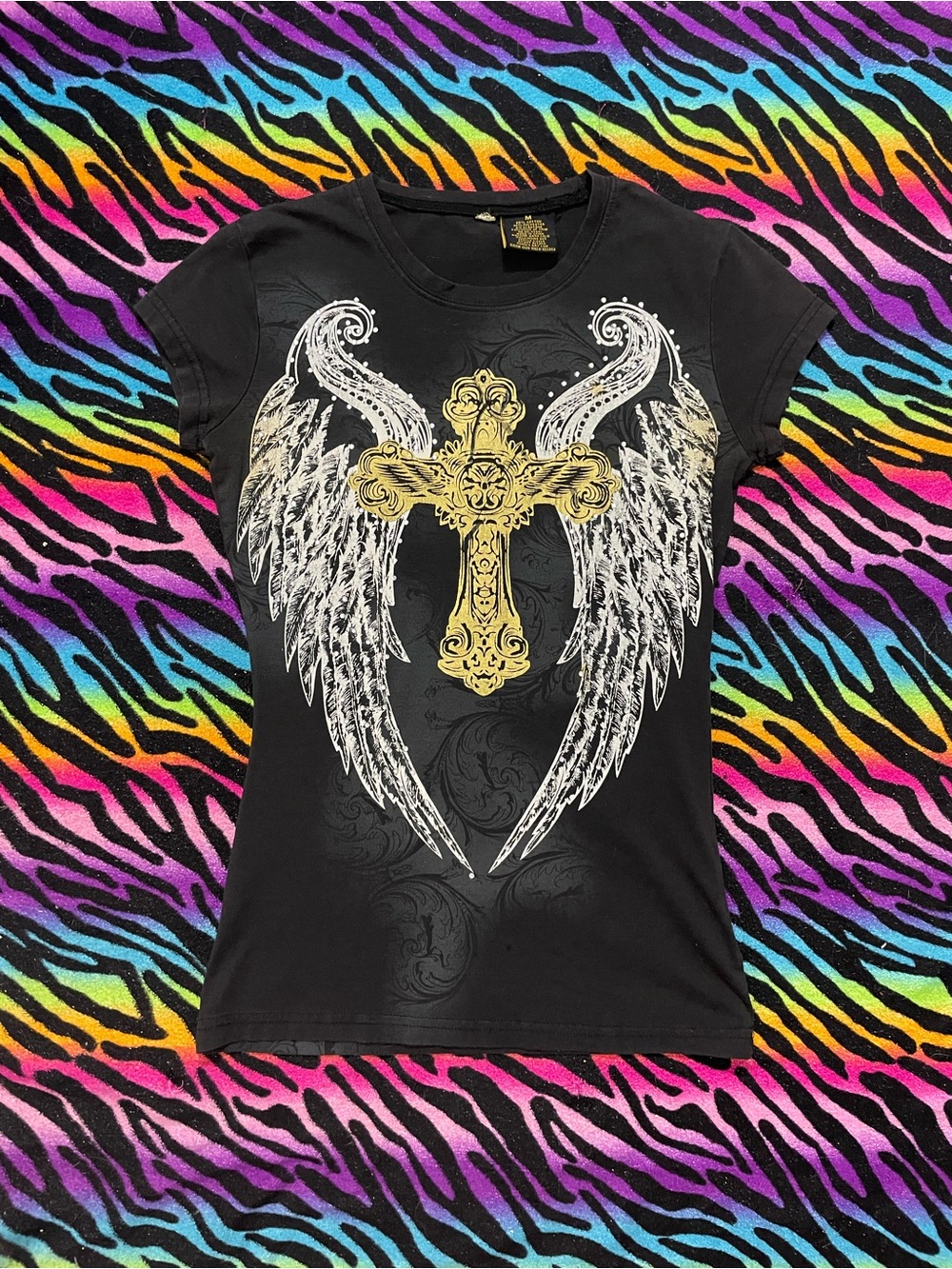 Vintage Y2K emo grunge Old Skool shirt with Gold Cross Wings